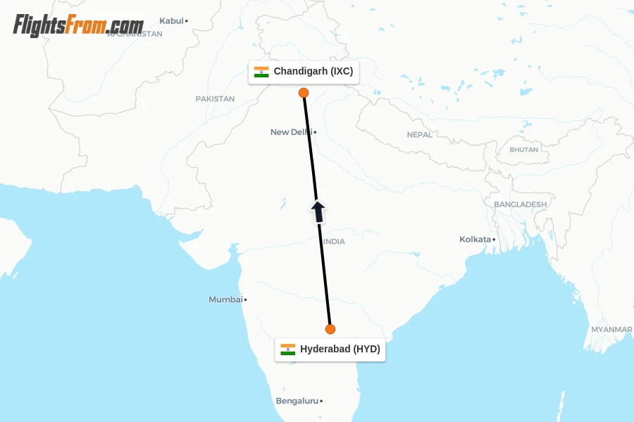 Flights from Hyderabad to Chandigarh route map