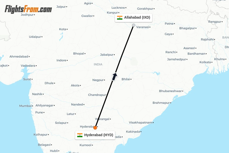 Flights from Hyderabad to Allahabad route map