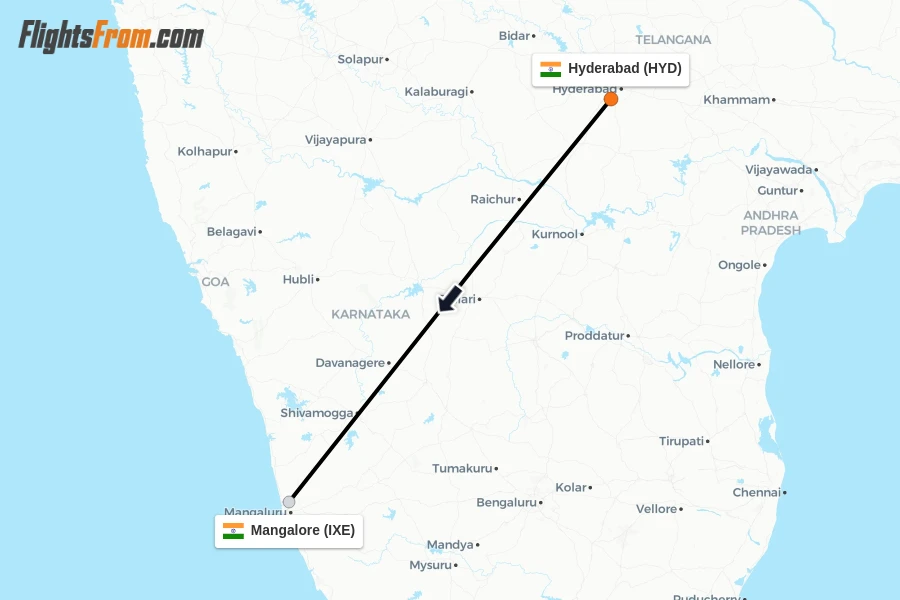 Flights from Hyderabad to Mangalore route map