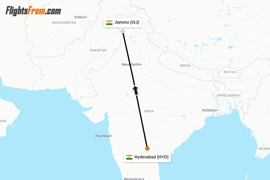 Flights from Hyderabad to Jammu route map