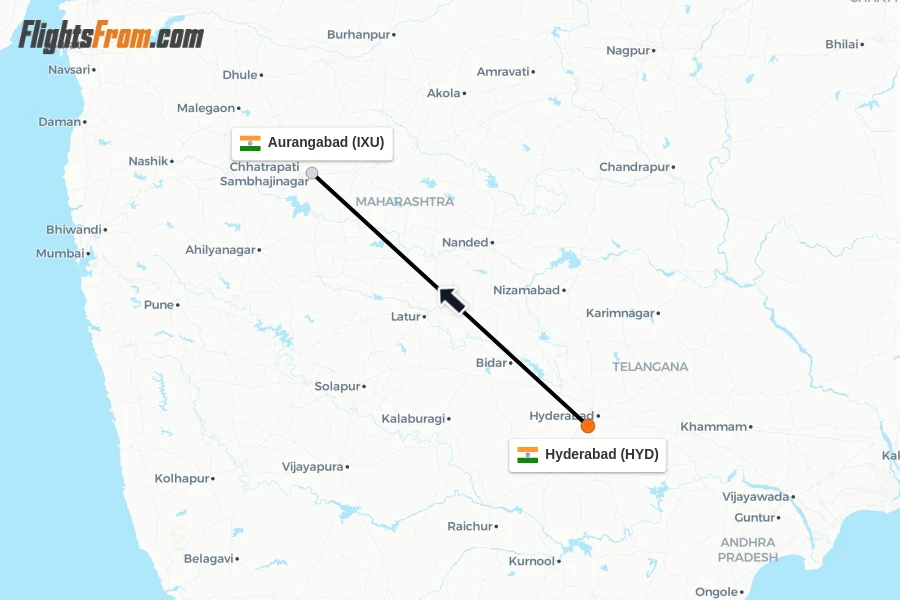 Flights from Hyderabad to Aurangabad route map