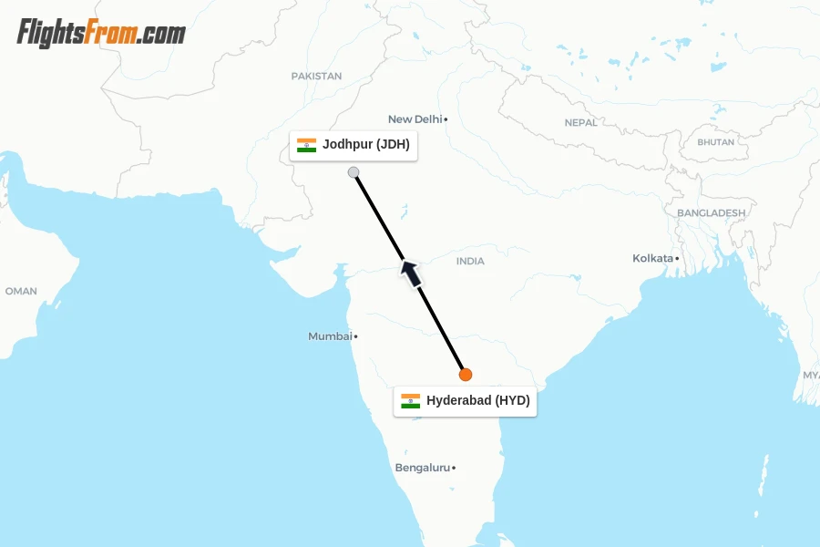 Flights from Hyderabad to Jodhpur route map