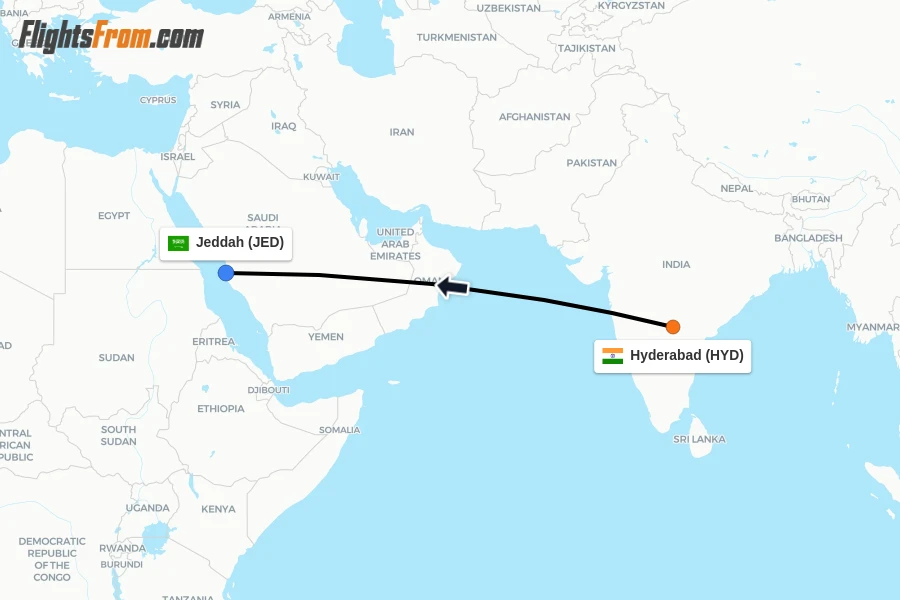 Flights from Hyderabad to Jeddah route map