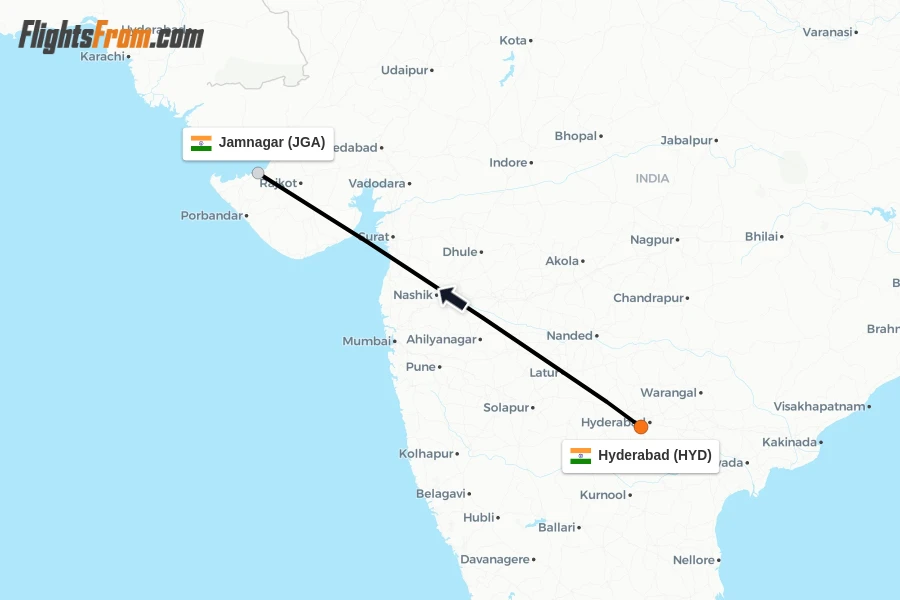Flights from Hyderabad to Jamnagar route map