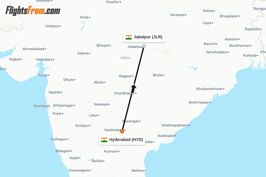 Flights from Hyderabad to Jabalpur route map