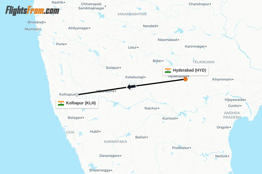 Flights from Hyderabad to Kolhapur route map