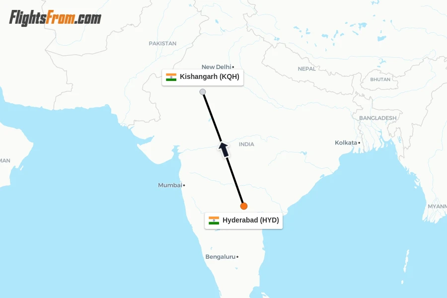 Flights from Hyderabad to Kishangarh route map