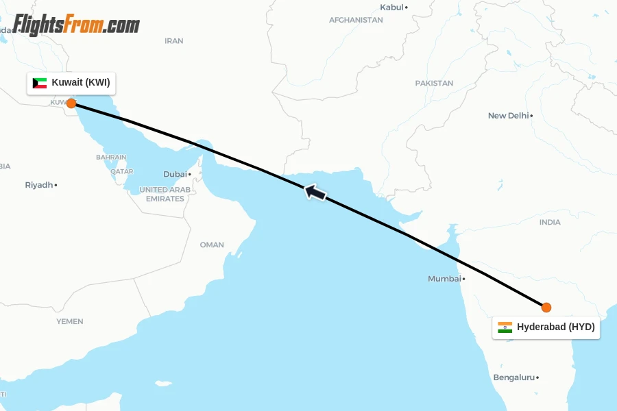 Flights from Hyderabad to Kuwait route map