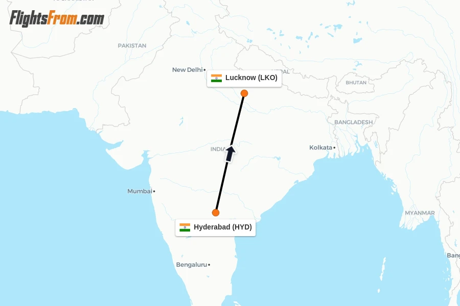 Flights from Hyderabad to Lucknow route map