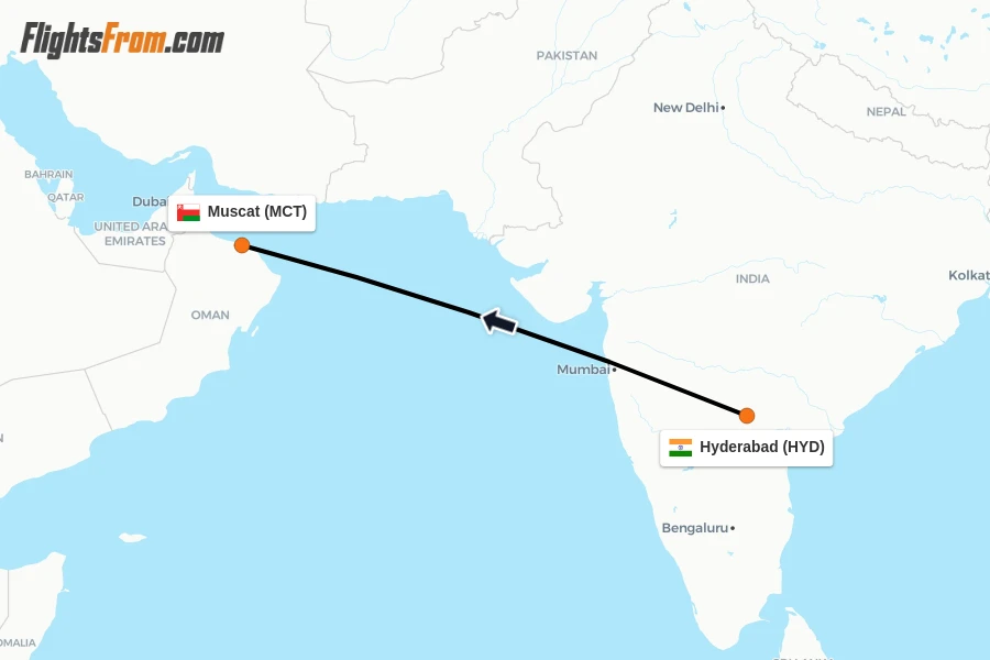 Flights from Hyderabad to Muscat route map
