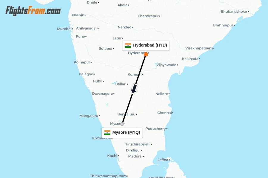 Flights from Hyderabad to Mysore route map
