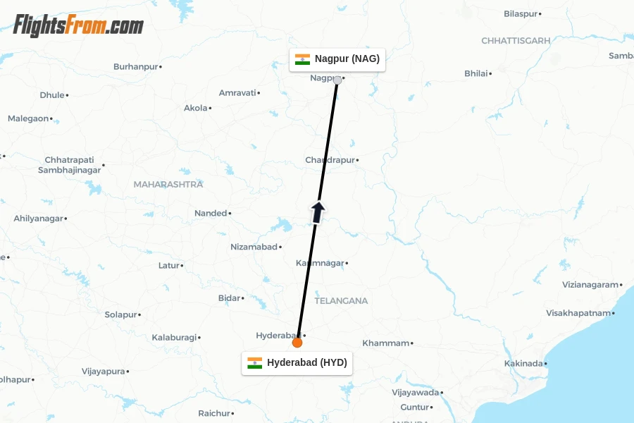 Flights from Hyderabad to Nagpur route map
