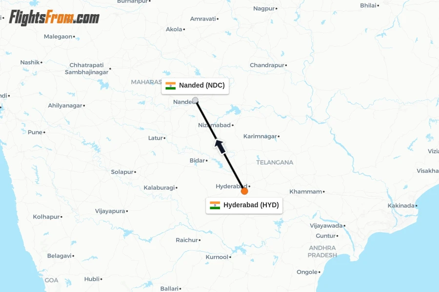 Flights from Hyderabad to Nanded route map