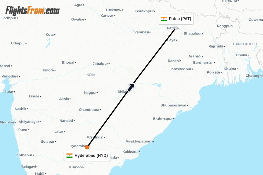 Flights from Hyderabad to Patna route map