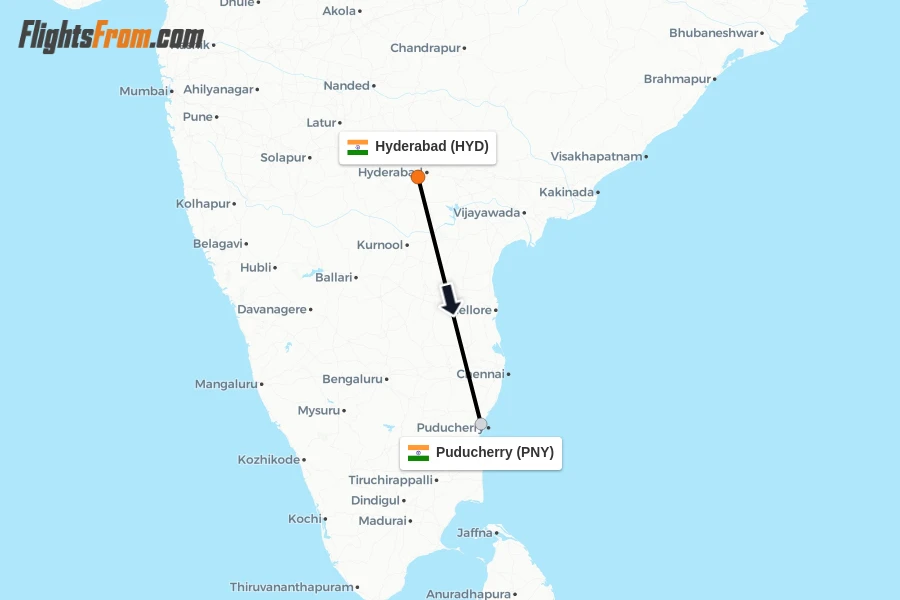 Flights from Hyderabad to Puducherry route map