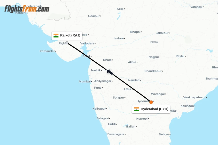 Flights from Hyderabad to Rajkot route map