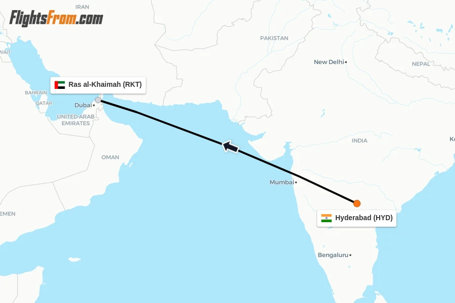 Flights from Hyderabad to Ras al-Khaimah route map