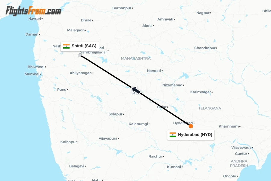 Flights from Hyderabad to Shirdi route map