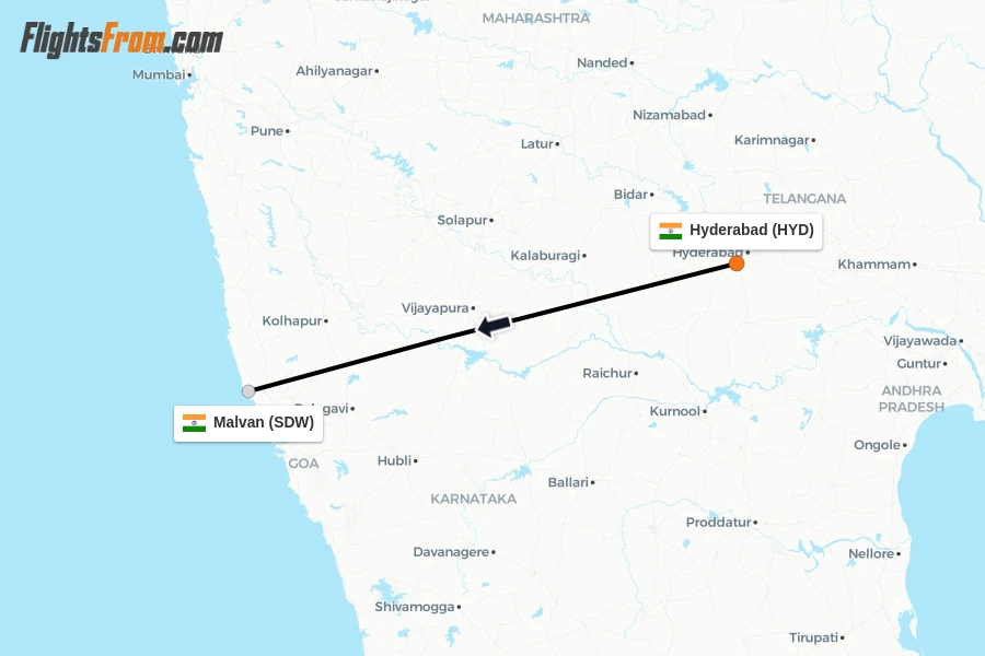 Flights from Hyderabad to Malvan route map