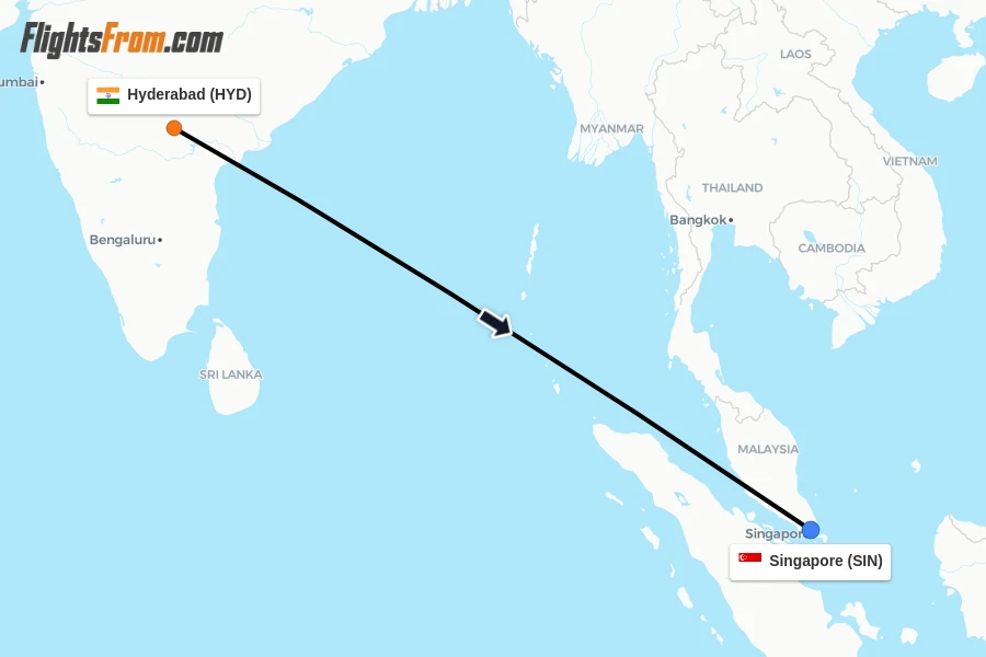 Flights from Hyderabad to Singapore route map