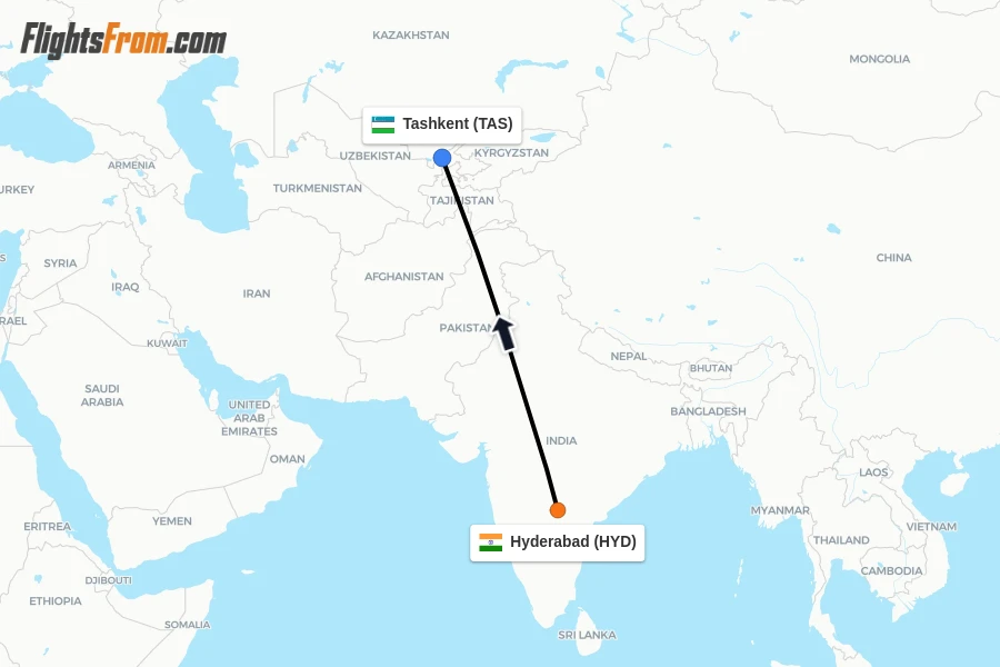 Flights from Hyderabad to Tashkent route map