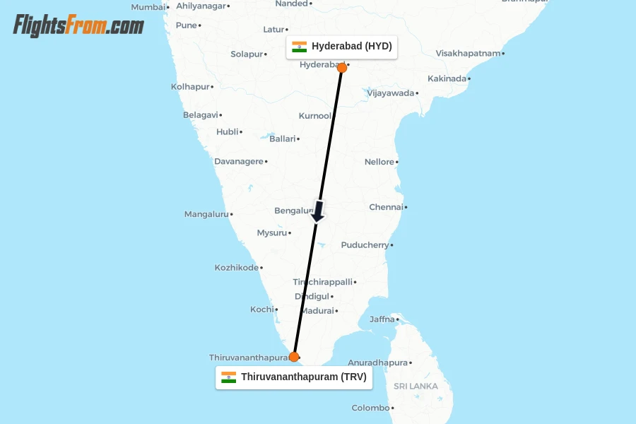 Flights from Hyderabad to Thiruvananthapuram route map