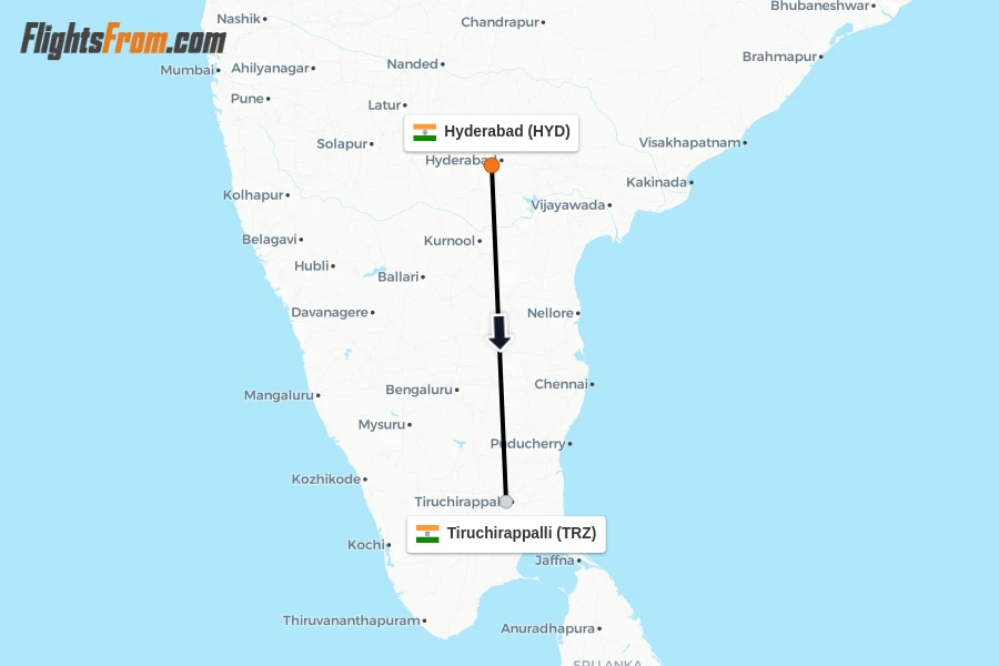 Flights from Hyderabad to Tiruchirappalli route map