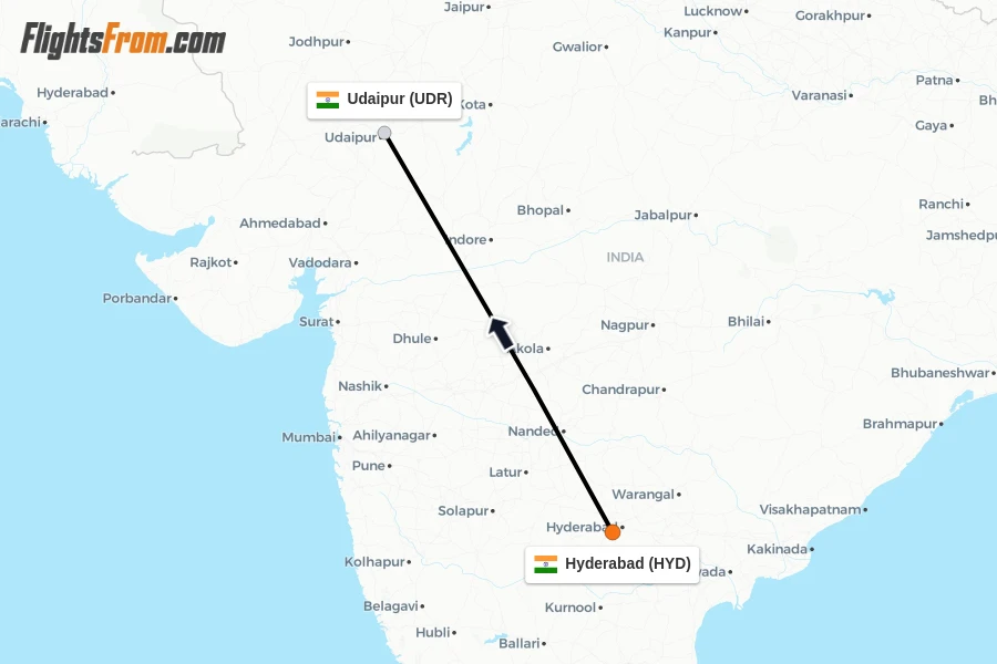 Flights from Hyderabad to Udaipur route map