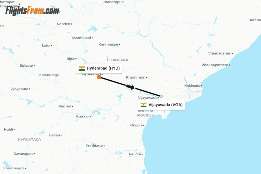 Flights from Hyderabad to Vijayawada route map