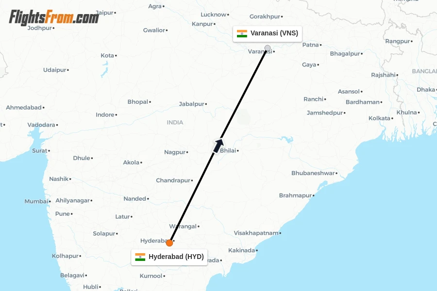 Flights from Hyderabad to Varanasi route map
