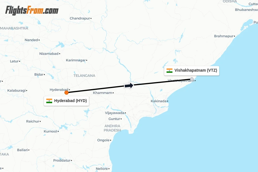 Flights from Hyderabad to Vishakhapatnam route map