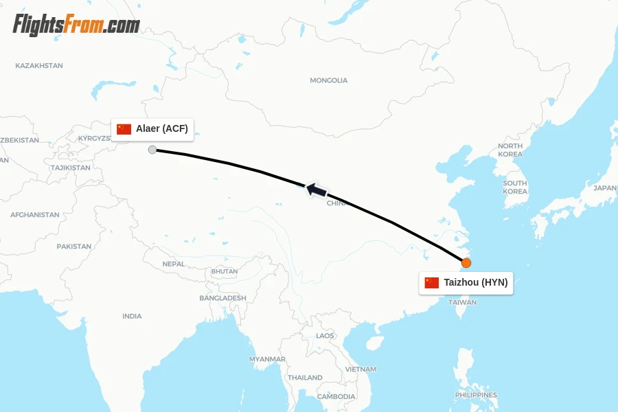 Flights from Taizhou to Alaer route map