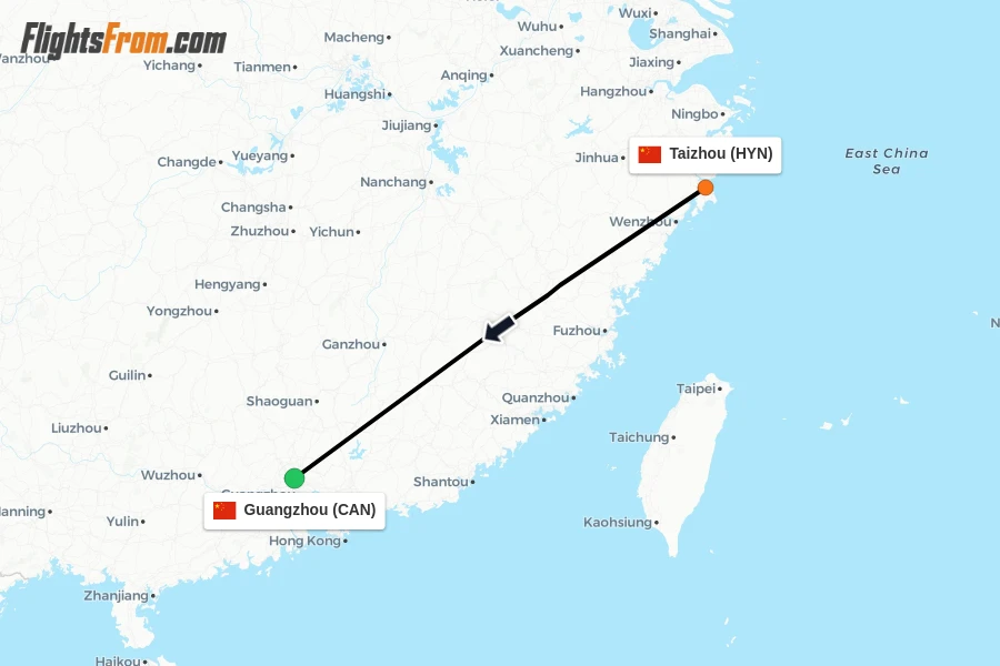 Flights from Taizhou to Guangzhou route map