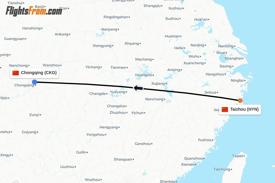 Flights from Taizhou to Chongqing route map