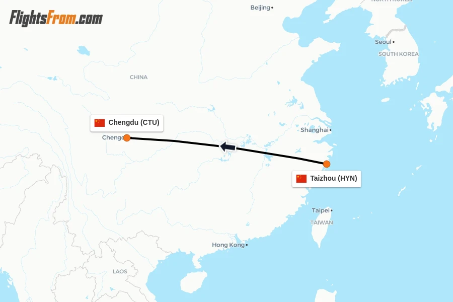 Flights from Taizhou to Chengdu route map
