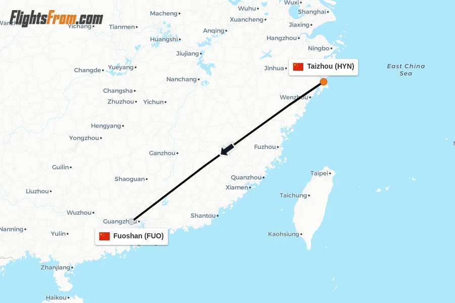 Flights from Taizhou to Fuoshan route map