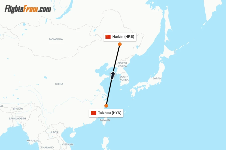 Flights from Taizhou to Harbin route map