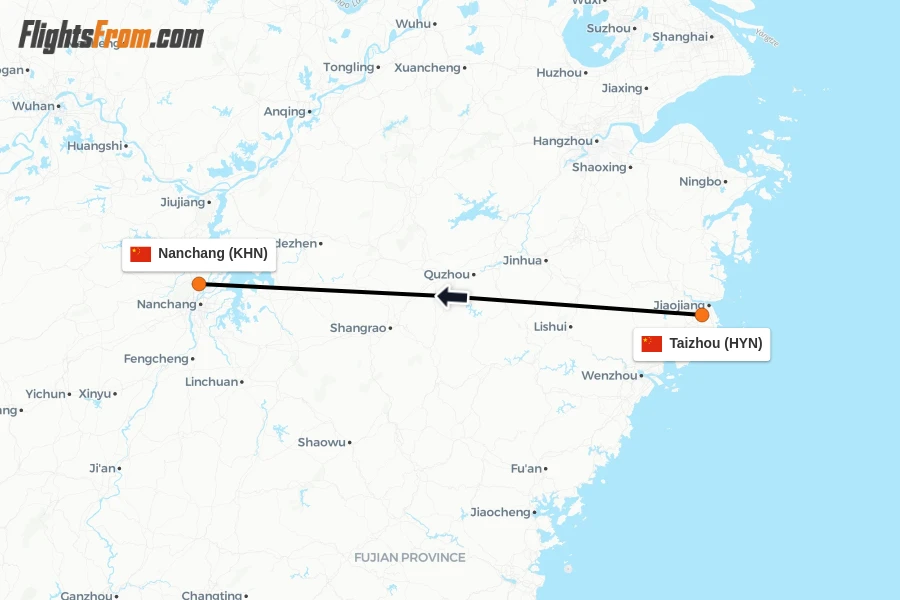 Flights from Taizhou to Nanchang route map