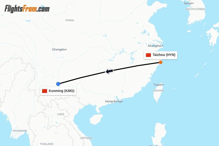 Flights from Taizhou to Kunming route map