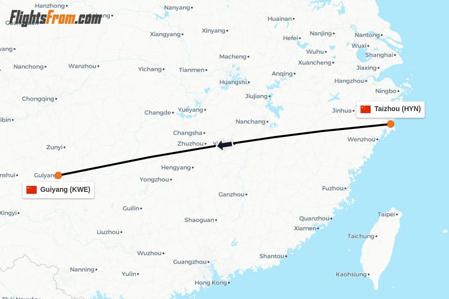 Flights from Taizhou to Guiyang route map