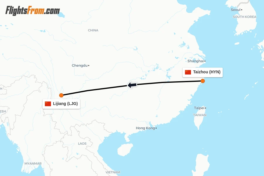 Flights from Taizhou to Lijiang route map