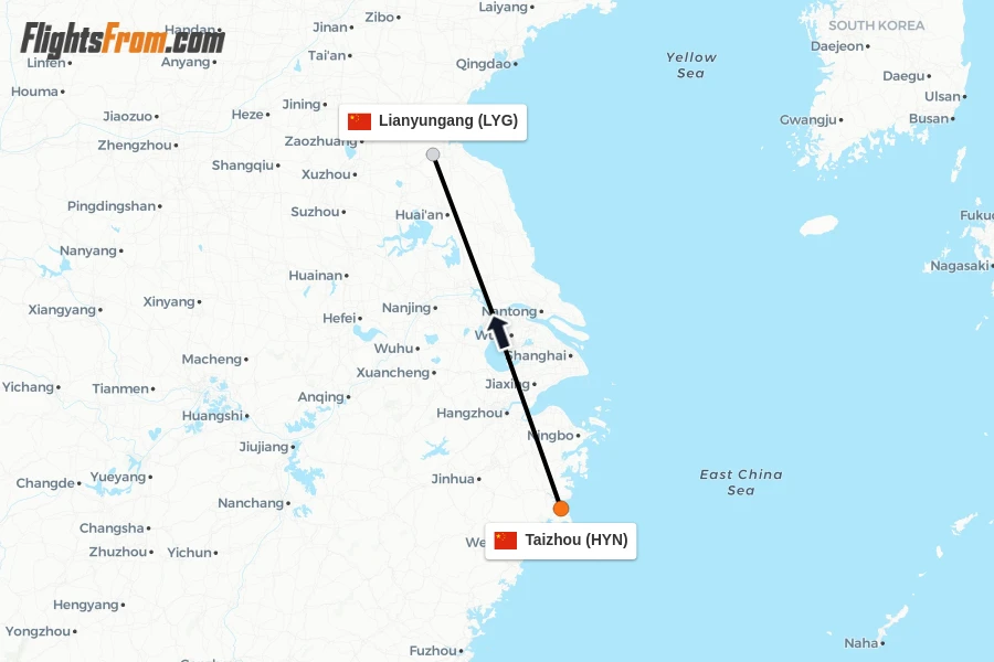 Flights from Taizhou to Lianyungang route map