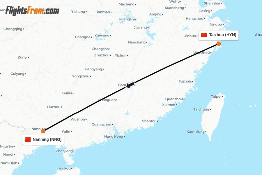 Flights from Taizhou to Nanning route map