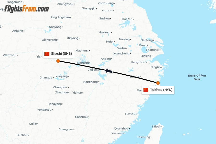 Flights from Taizhou to Shashi route map