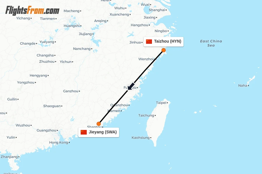 Flights from Taizhou to Jieyang route map