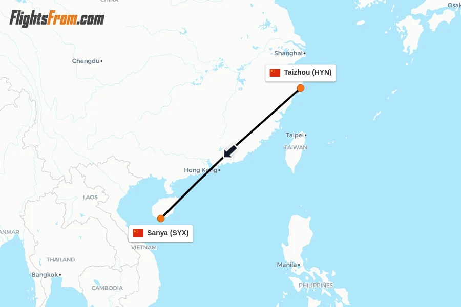 Flights from Taizhou to Sanya route map