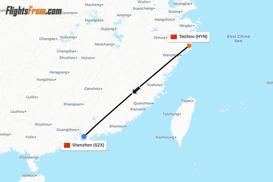Flights from Taizhou to Shenzhen route map