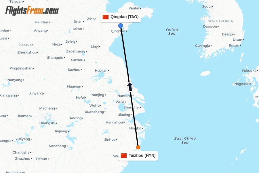 Flights from Taizhou to Qingdao route map