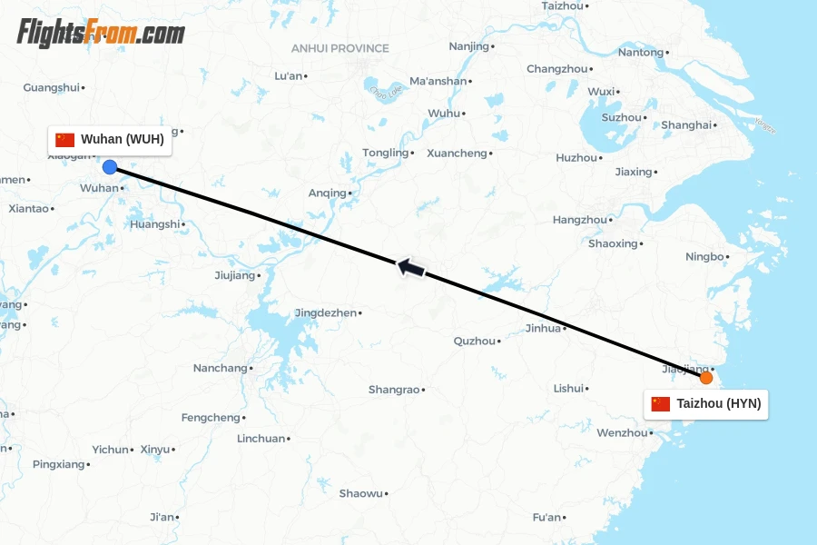 Flights from Taizhou to Wuhan route map