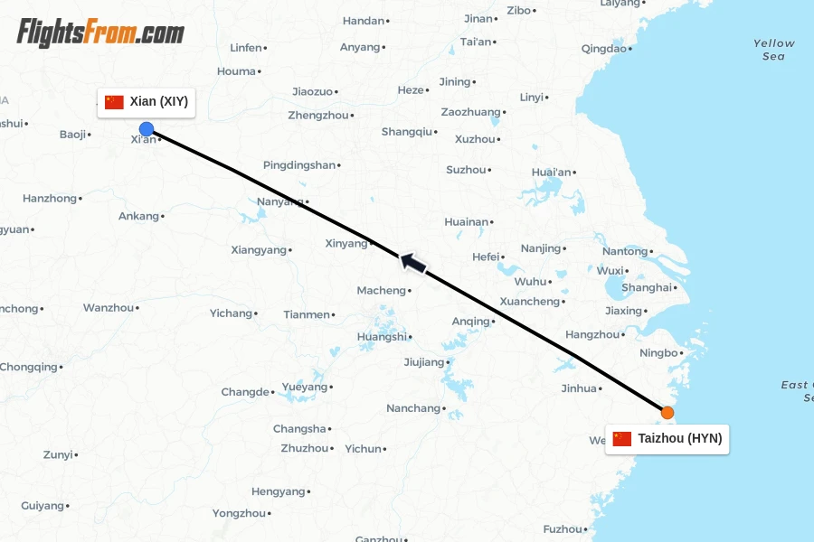 Flights from Taizhou to Xian route map